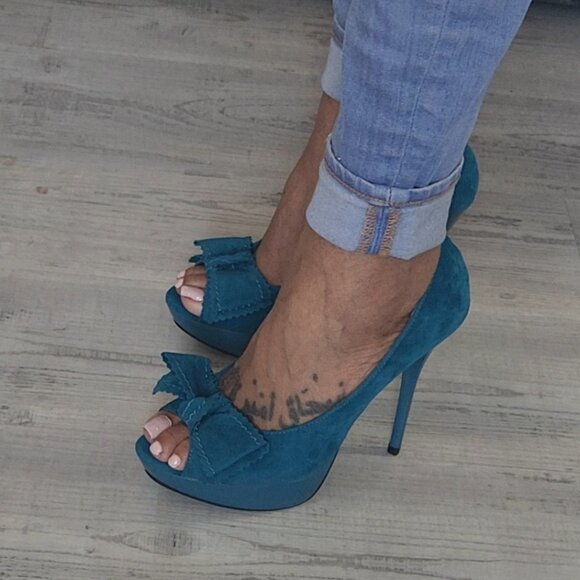 Dark Teal Blue Open Toe Platform Bow Heels Size 7.5 - Picture 1 of 7